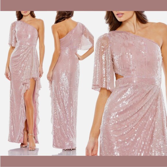 NWT $698 Mac Duggal [ 10 ] Sequined Flutter Sleeve One Shoulder Draped Gown Q670 - Picture 1 of 16
